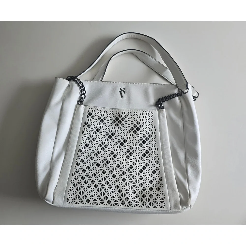 Simply Vera Vera Wang White Laser Cut Faux Leather Tote Bag Chain Strap Gunmetal